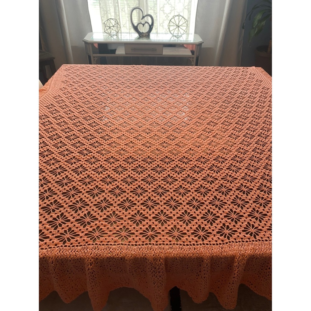 Vintage Handmade Crochet Lace Tablecloth Peach Coral Starburst Floral 56x56
